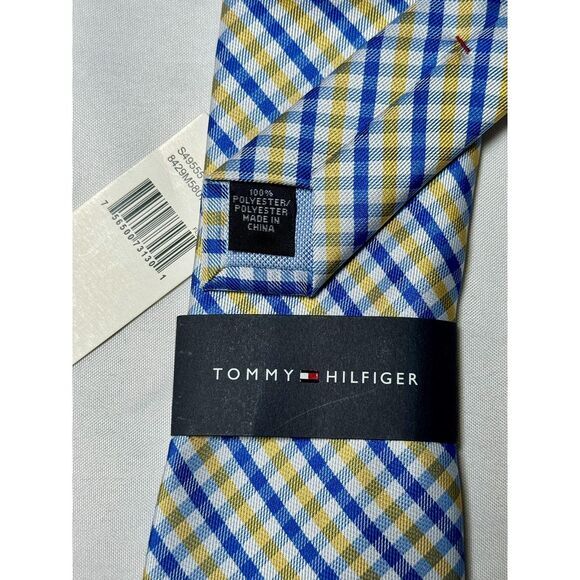 Tommy Hilfiger Men's Polyester Tie ~ Yellow & Blue Plaid Check New Tags Flaw NWT - Picture 7 of 7